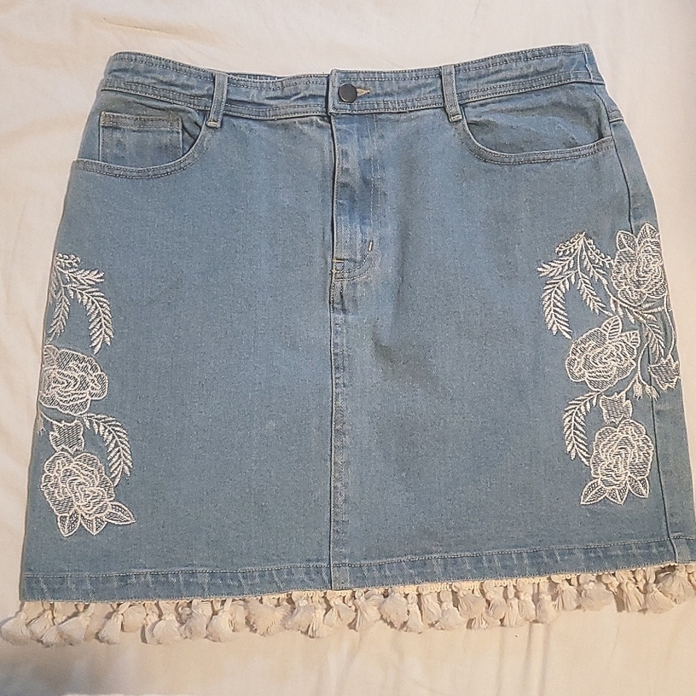 Skies Are Blue Denim Embroidered Skirt